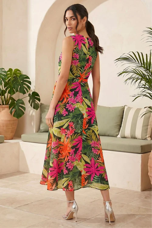 Roman Black Leaf Print Chiffon Pleat Neck Midi Dress - 12 Image 3