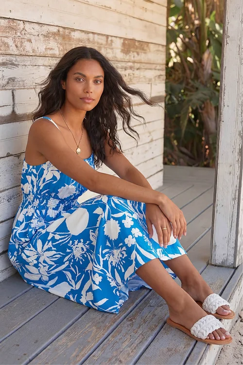 Roman Blue Shirred Waist Strappy Midi Dress - 16 Image 2