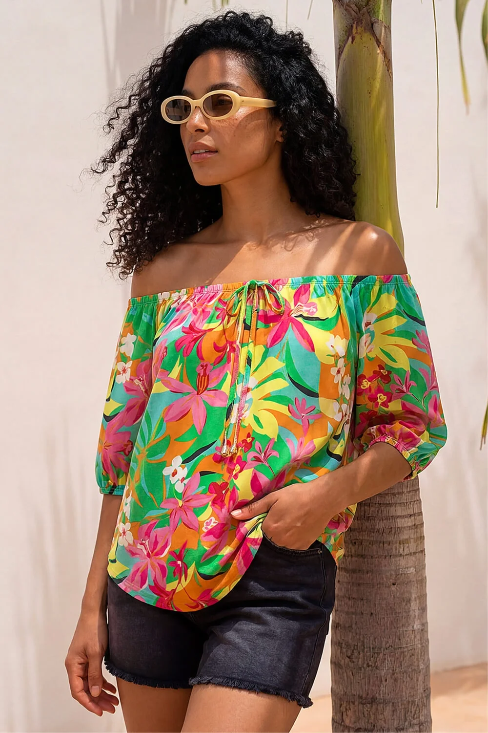 Roman Green Floral Print Bardot Top - 20 Image 1