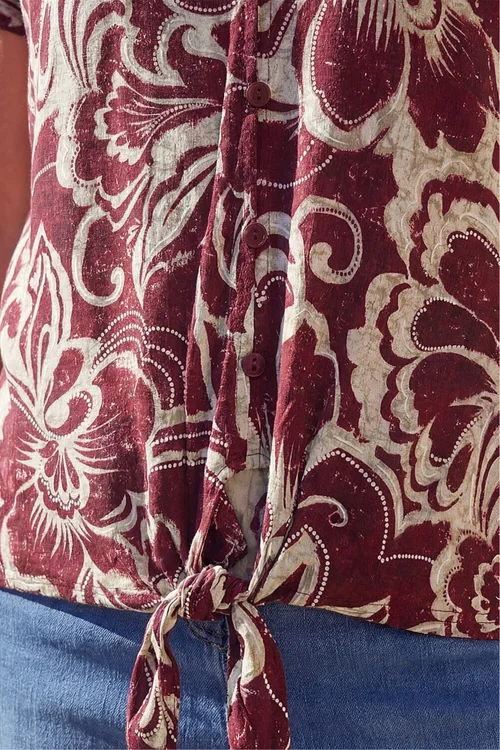 Roman Wine Floral Print Tie Front V-Neck Top - 18 Image 4