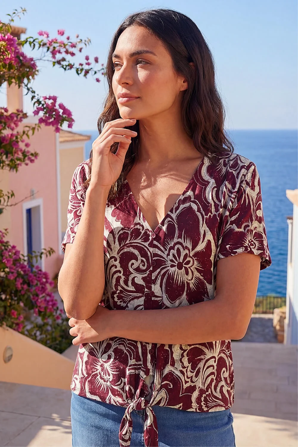 Roman Wine Floral Print Tie Front V-Neck Top - 18 Image 2