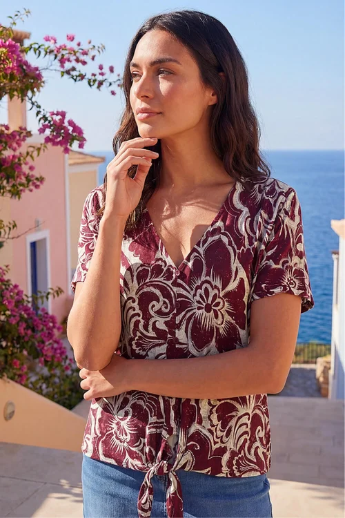 Roman Wine Floral Print Tie Front V-Neck Top - 18 Image 2