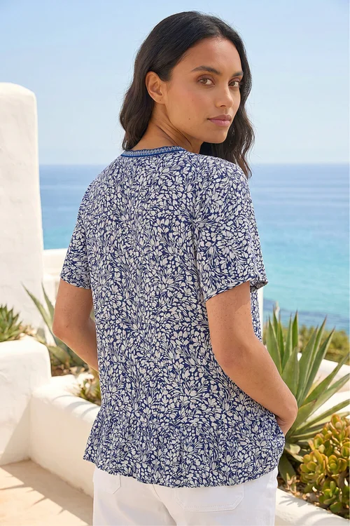 Roman Navy Ditsy Floral Trim Detail Top - 16 Image 3