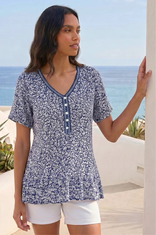 Roman Navy Ditsy Floral Trim Detail Top - 16 Image 2