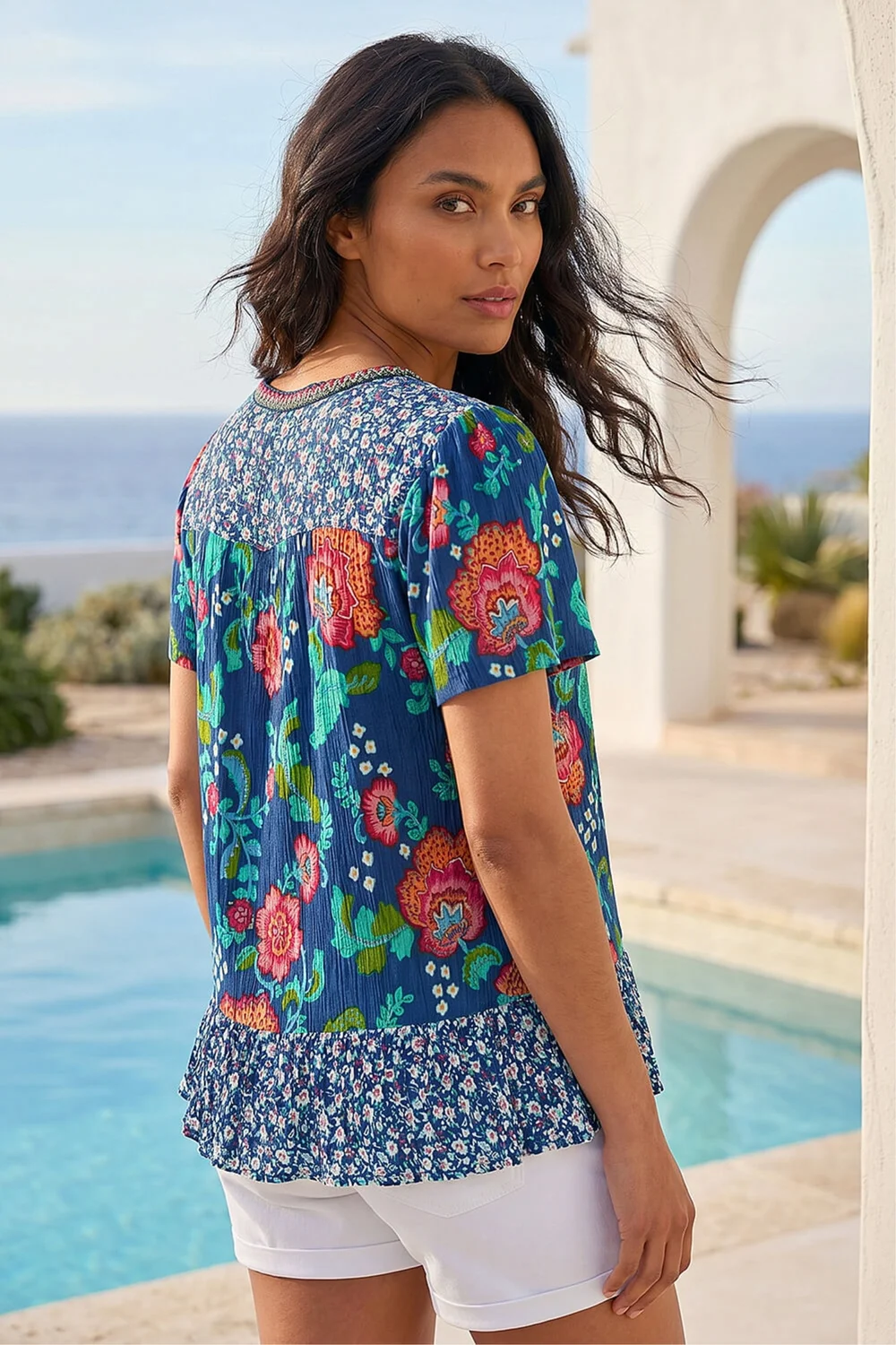 Roman Royal Blue Floral Print Trim Detail Top - 12 Image 3