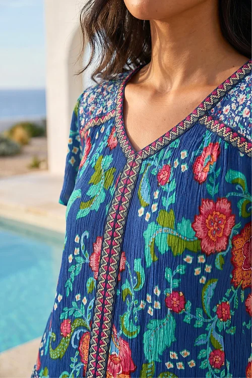 Roman Royal Blue Floral Print Trim Detail Top - 12 Image 4
