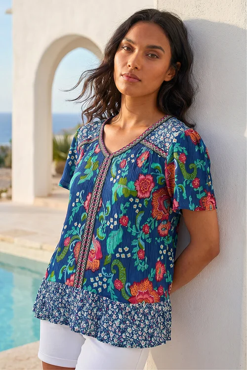 Roman Royal Blue Floral Print Trim Detail Top - 12 Image 1
