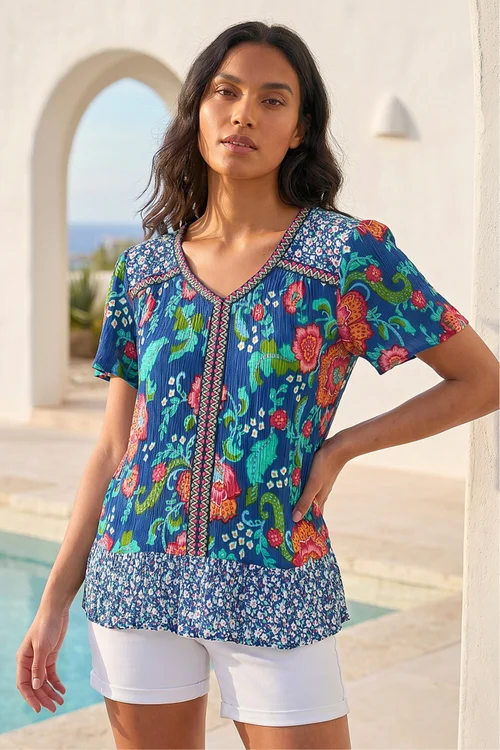 Roman Royal Blue Floral Print Trim Detail Top - 12 Image 2