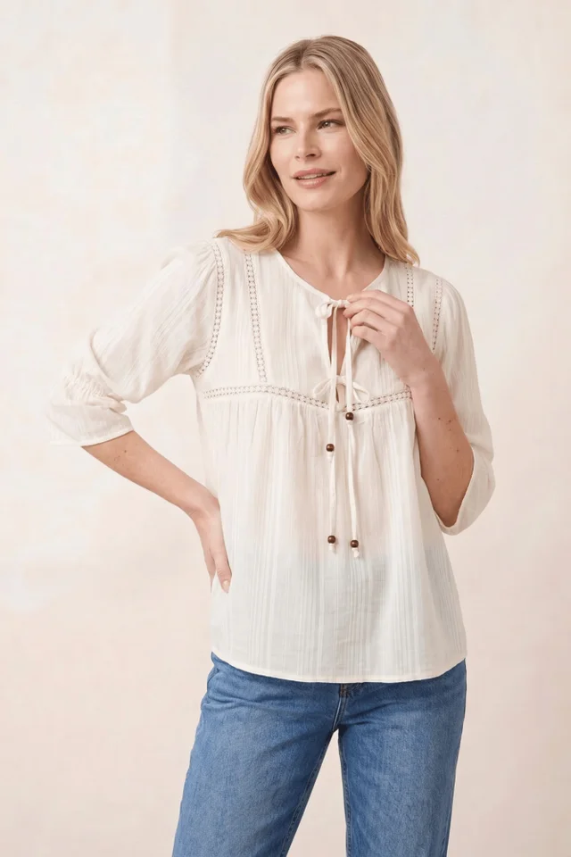 Style Cheat Tiered White Tie Textured Blouse