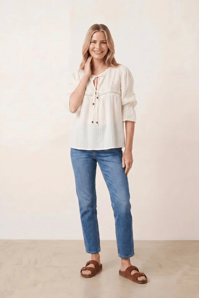 Style Cheat Tiered White Tie Textured Blouse