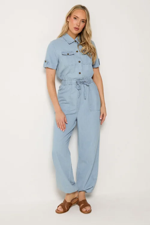 Long Tall Sally Blue Denim Utility Elasticated Waistband Jumpsuit - 18 Image 2