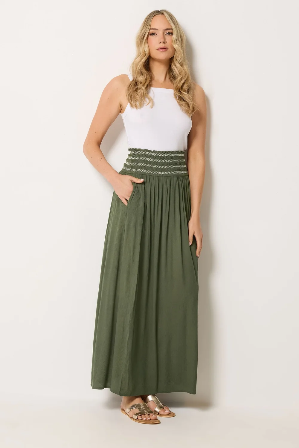 Long Tall Sally Olive Green Embroidered Waist Maxi Skirt - 16 Image 3