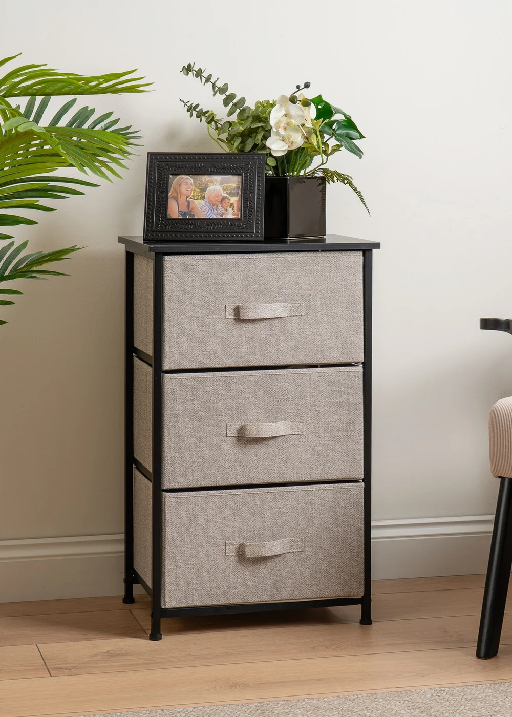Scottish Everlastings 3 Drawer Black Cabinet with Beige Fabric Drawers - One Size Image 1