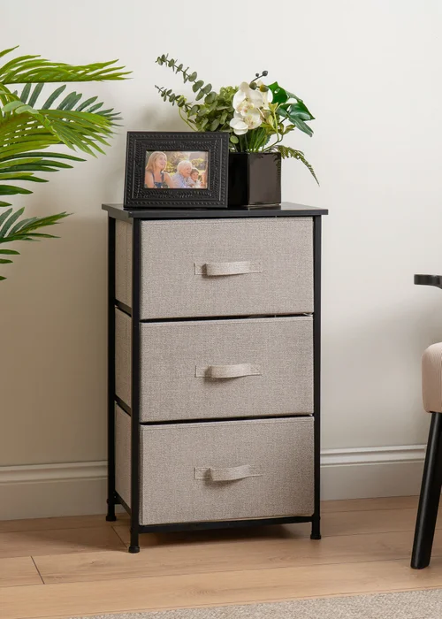 Scottish Everlastings 3 Drawer Black Cabinet with Beige Fabric Drawers - One Size Image 1