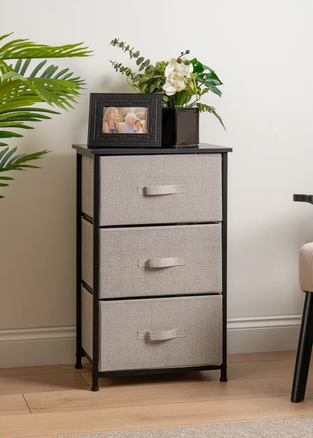 Scottish Everlastings 3 Drawer Black Cabinet with Beige Fabric Drawers