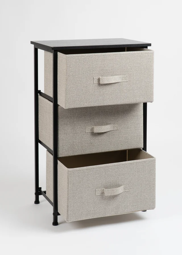 Scottish Everlastings 3 Drawer Black Cabinet with Beige Fabric Drawers