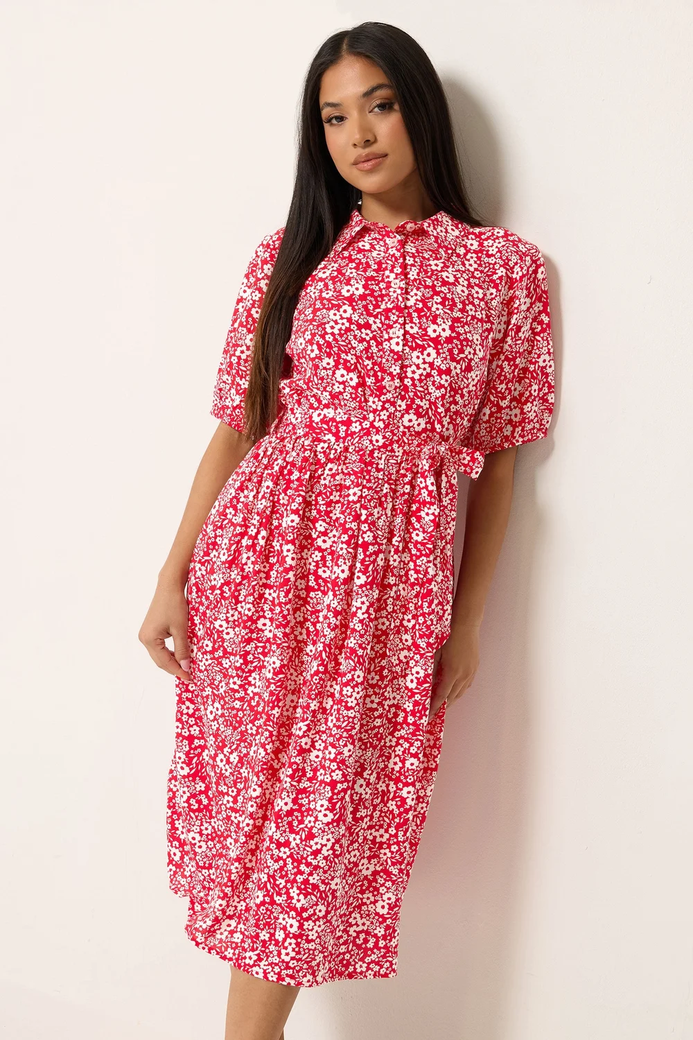 M&Co Petite Red Ditsy Floral Print Dress - 16 Image 1