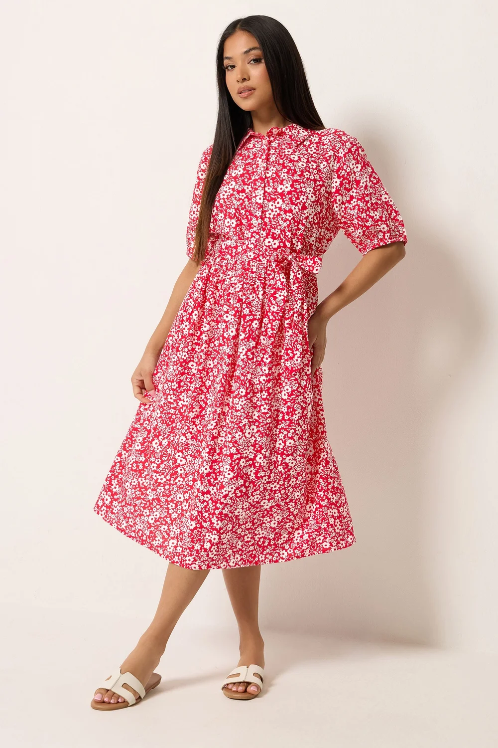 M&Co Petite Red Ditsy Floral Print Dress - 16 Image 2