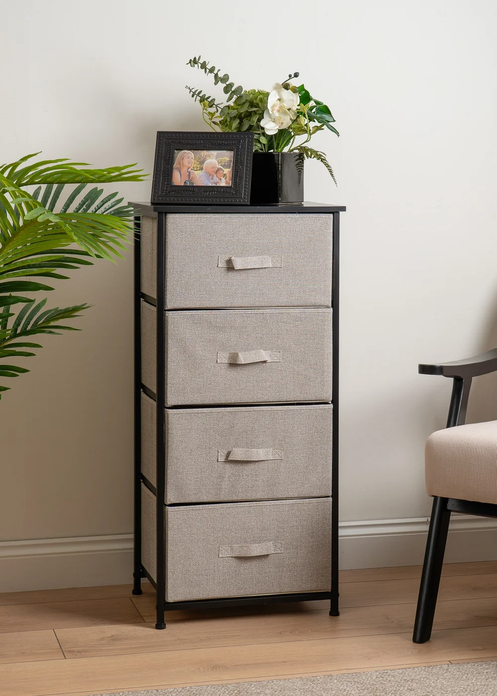 Scottish Everlastings 4 Drawer Black Cabinet with Beige Fabric Drawers - One Size Image 1