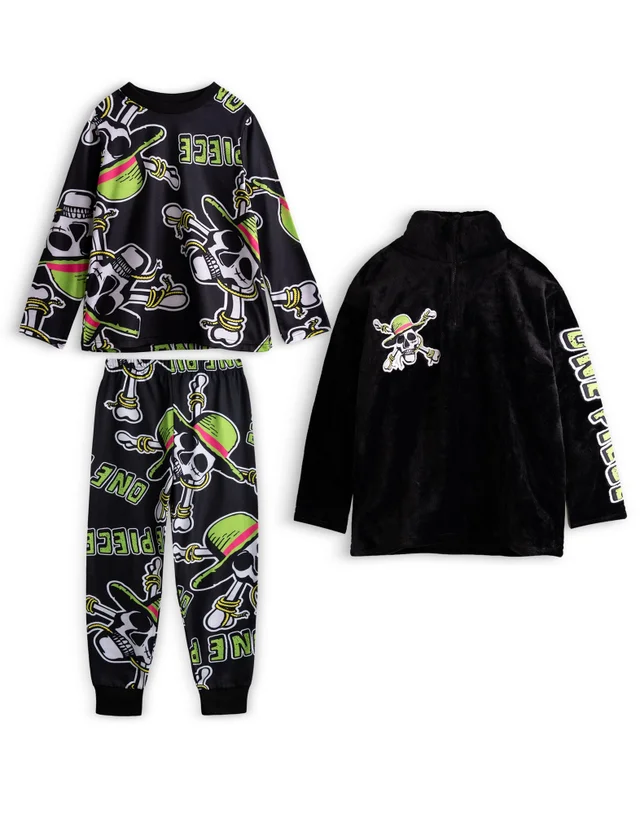 Vanilla Underground One Piece Boys Black Skulls Long Sleeve Long Leg Pyjama & Jumper 3 Piece Set (5-14 Years)