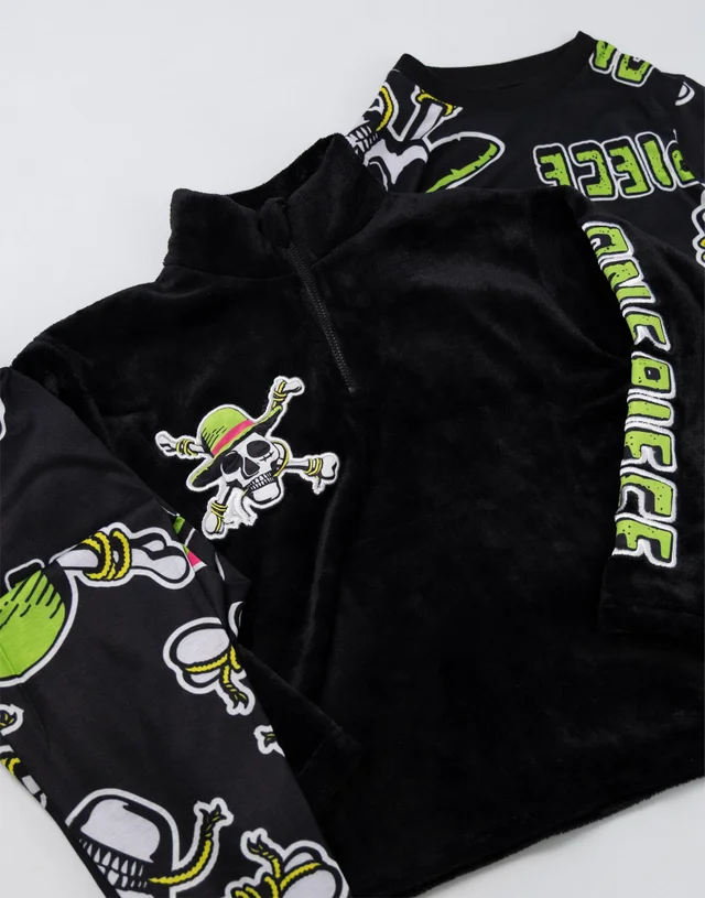 Vanilla Underground One Piece Boys Black Skulls Long Sleeve Long Leg Pyjama & Jumper 3 Piece Set (5-14 Years)