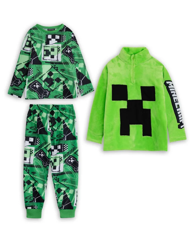 Vanilla Underground Minecraft Boys Green Creeper Long Sleeve Long Leg Pyjama & Jumper 3 Piece Set (5-14 Years)