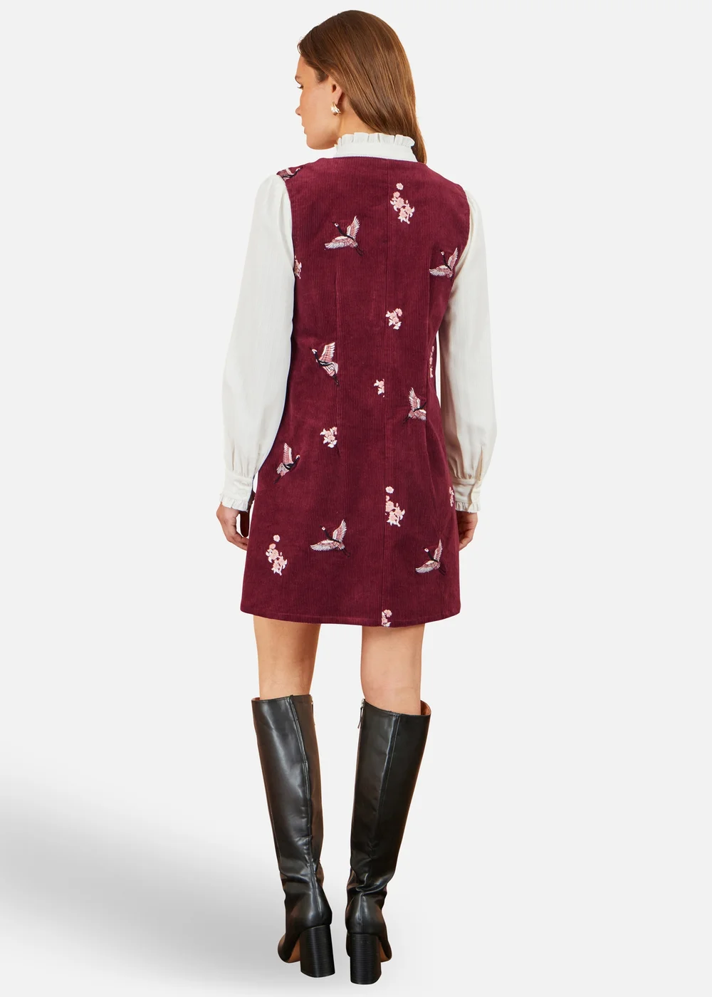 Yumi Burgundy Crane Embroidery Button Up Pinafore Dress - 10 Image 2