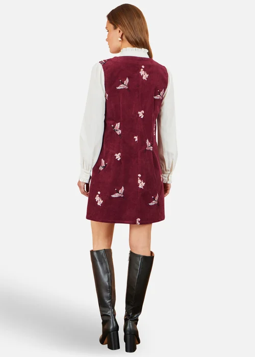 Yumi Burgundy Crane Embroidery Button Up Pinafore Dress - 10 Image 2