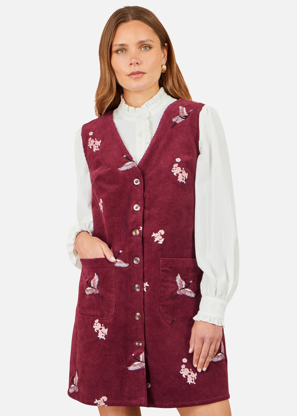Yumi Burgundy Crane Embroidery Button Up Pinafore Dress - 10 Image 1