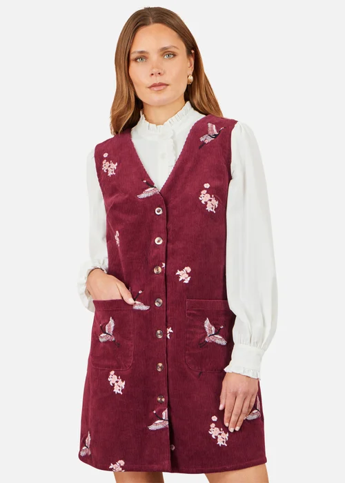 Yumi Burgundy Crane Embroidery Button Up Pinafore Dress - 10 Image 1