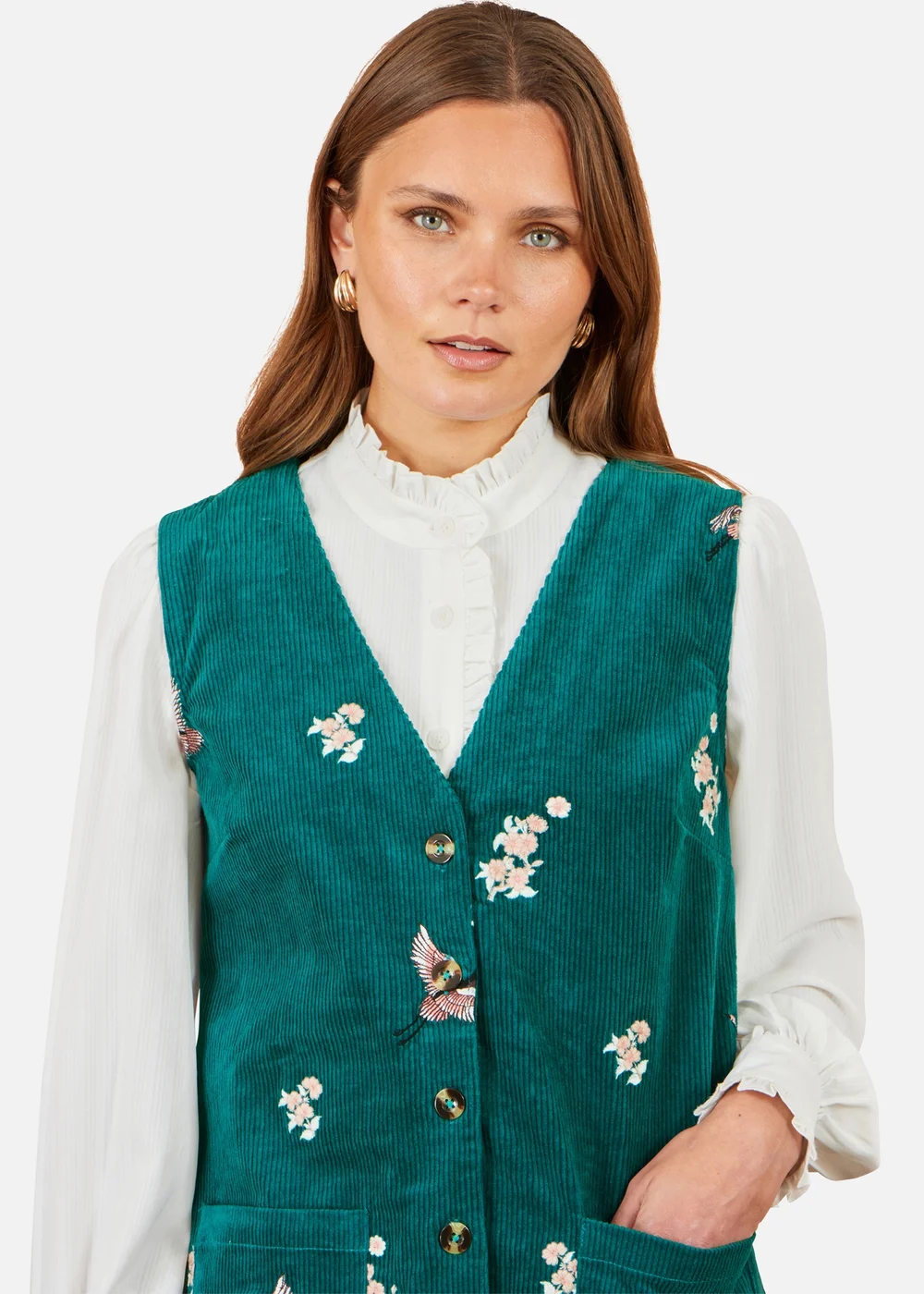 Yumi Teal Crane Embroidery Button Up Pinafore Dress - 8 Image 4