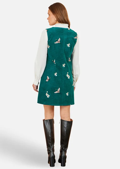 Yumi Teal Crane Embroidery Button Up Pinafore Dress - 8 Image 3