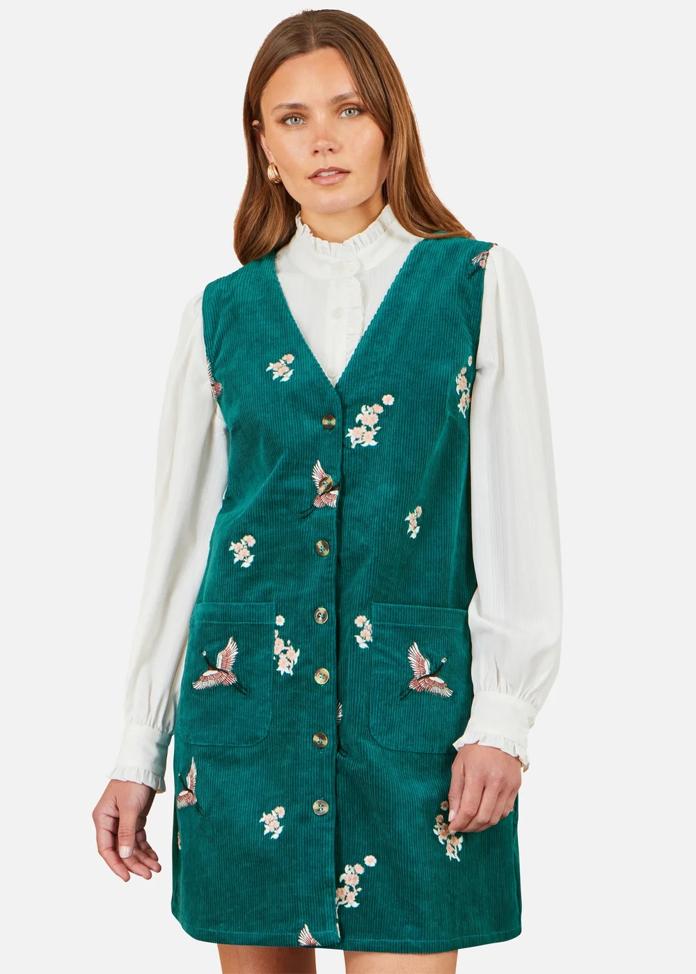 Yumi Teal Crane Embroidery Button Up Pinafore Dress - 8 Image 1