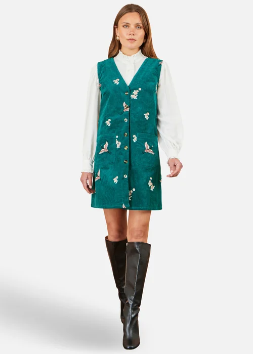 Yumi Teal Crane Embroidery Button Up Pinafore Dress - 8 Image 2