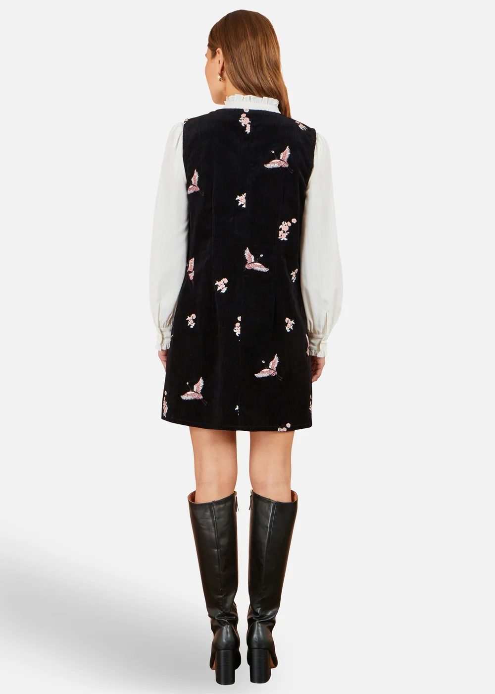 Yumi Black Crane Embroidery Button Up Pinafore Dress - 16 Image 3
