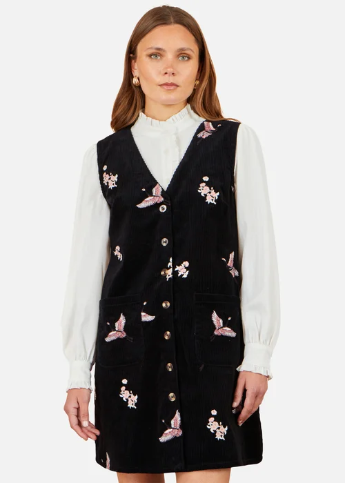Yumi Black Crane Embroidery Button Up Pinafore Dress - 16 Image 1