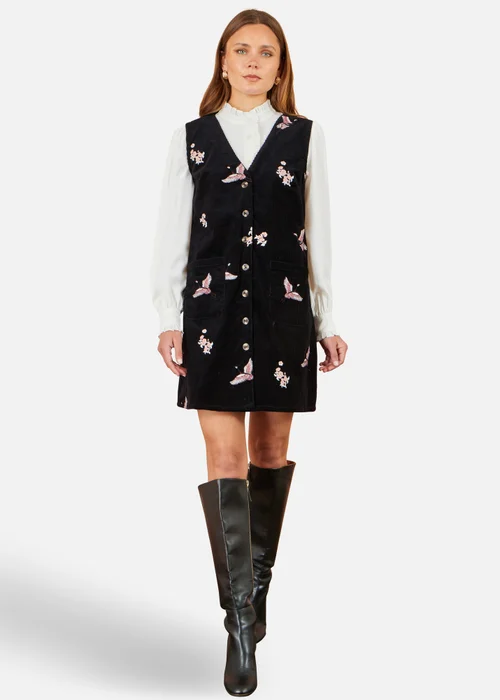 Yumi Black Crane Embroidery Button Up Pinafore Dress - 16 Image 2