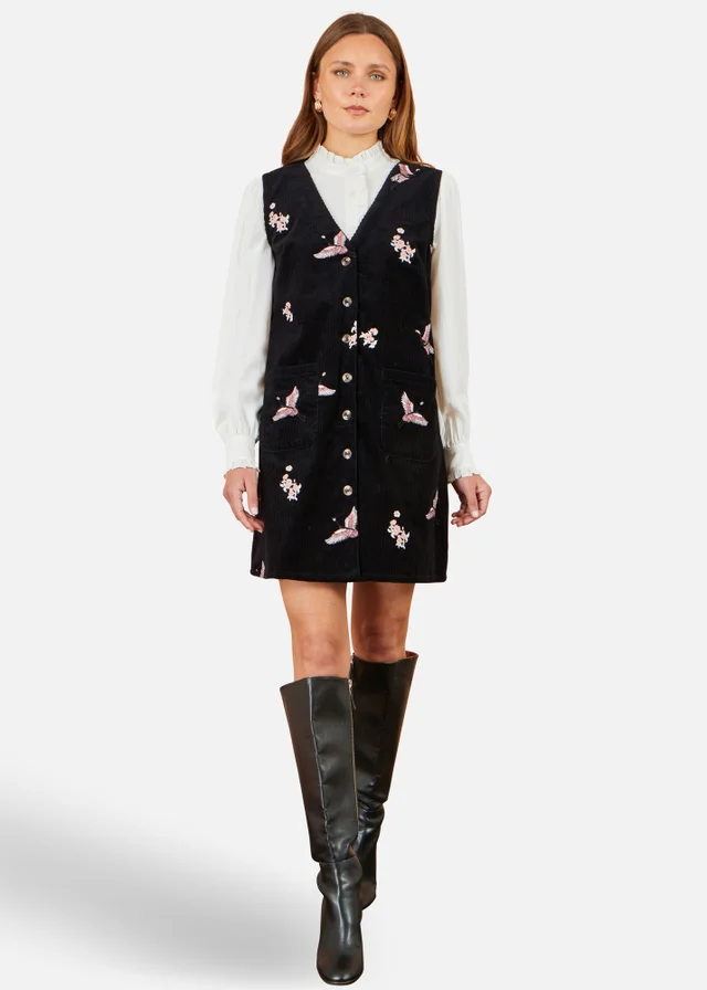 Yumi Black Crane Embroidery Button Up Pinafore Dress
