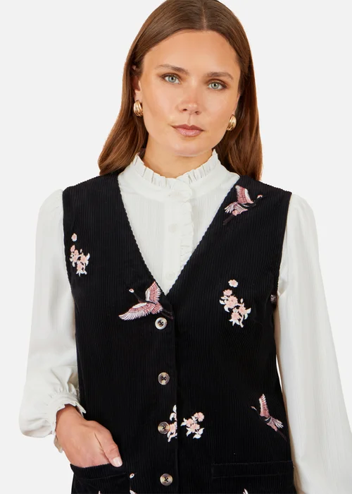 Yumi Black Crane Embroidery Button Up Pinafore Dress - 16 Image 4