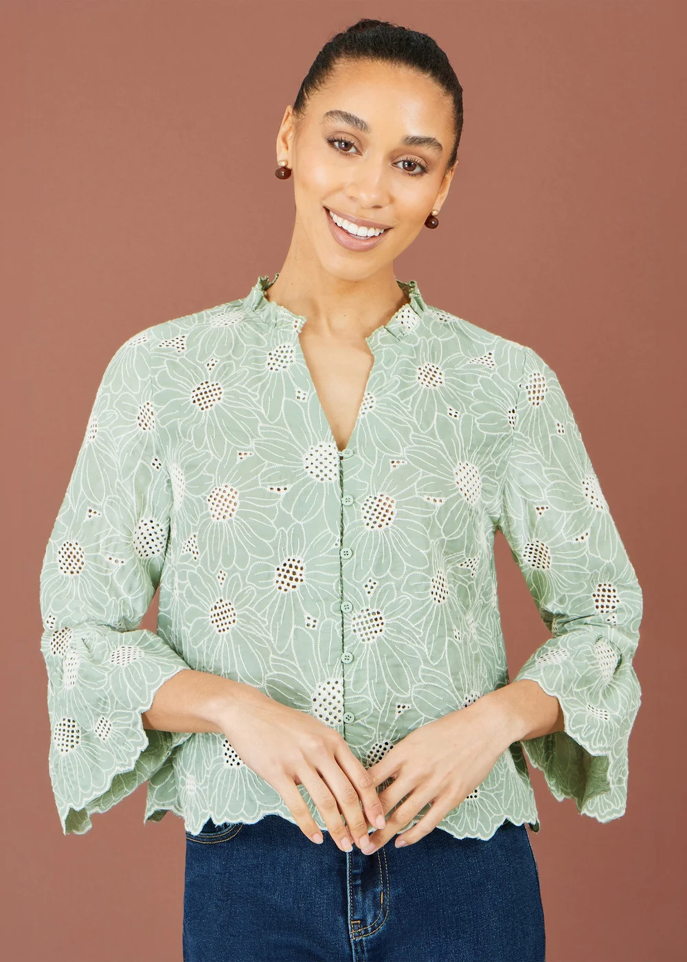 Yumi Green Daisy Broderie Shirt With Fluted Sleeves - 10 Image 2
