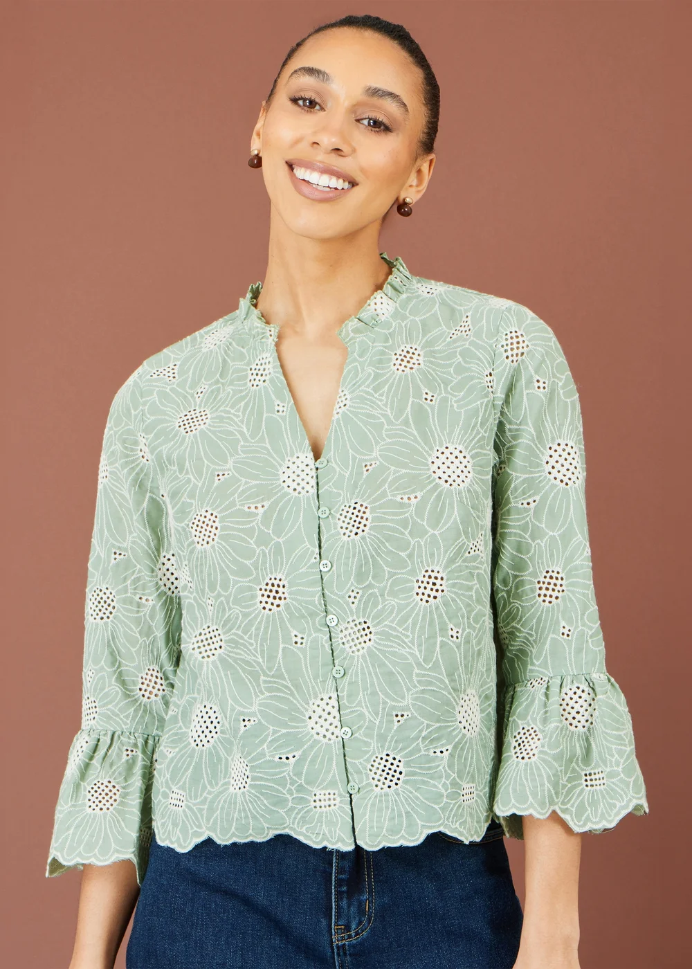 Yumi Green Daisy Broderie Shirt With Fluted Sleeves - 10 Image 1