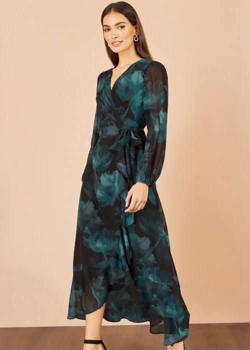 Yumi Black Floral Dipped Hem Wrap Midi Dress - 12 Image 1