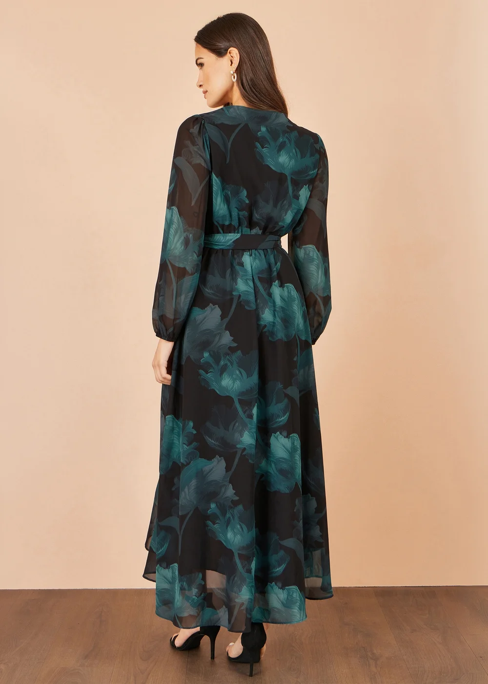 Yumi Black Floral Dipped Hem Wrap Midi Dress - 12 Image 3