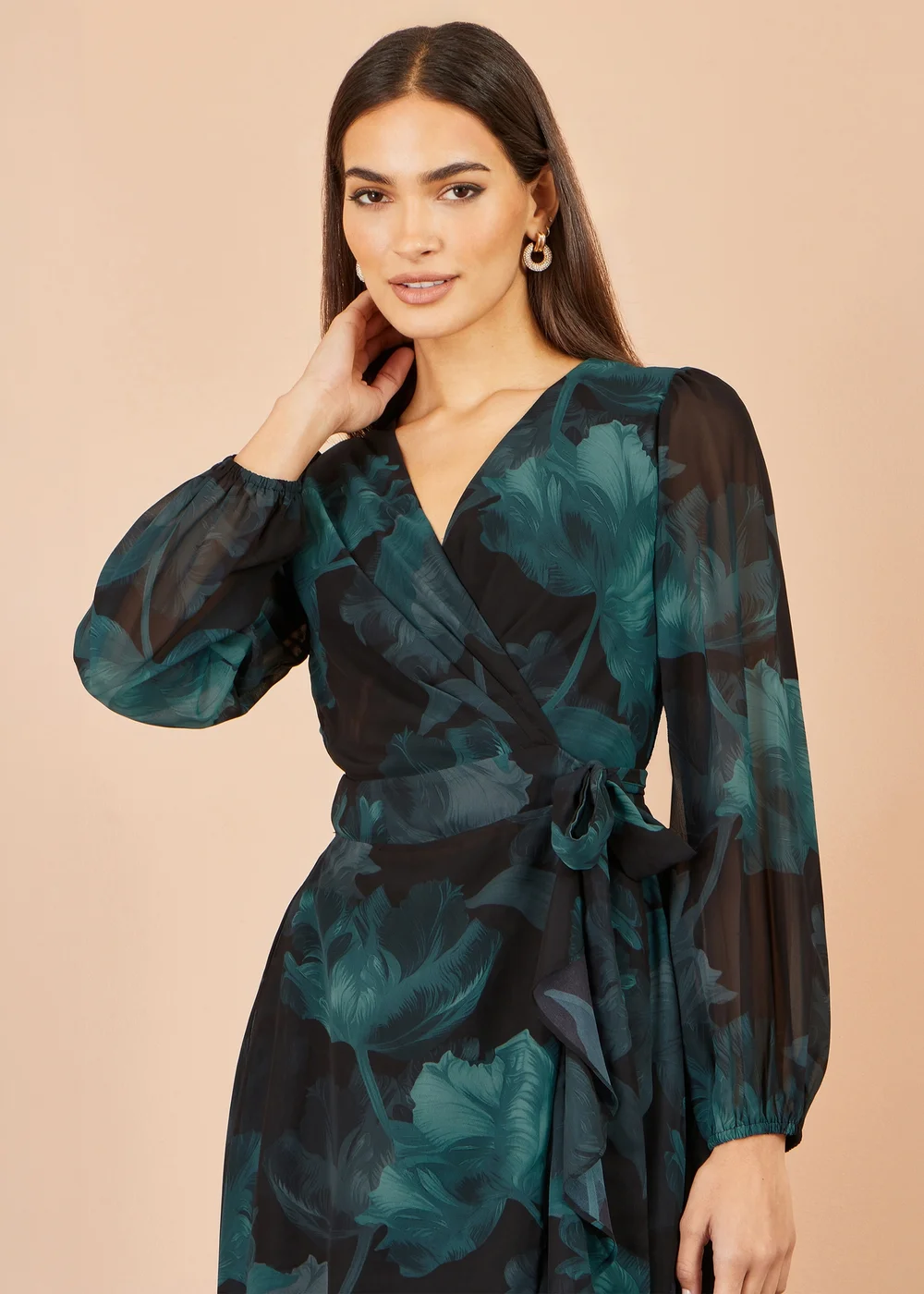Yumi Black Floral Dipped Hem Wrap Midi Dress - 12 Image 4