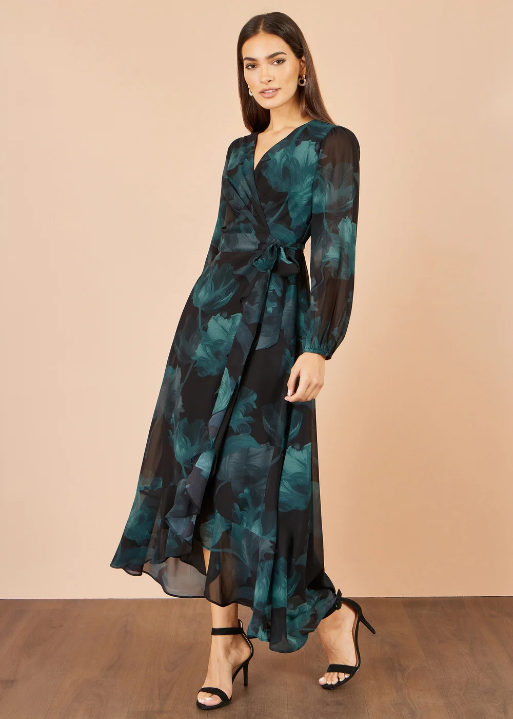Yumi Black Floral Dipped Hem Wrap Midi Dress - 12 Image 2