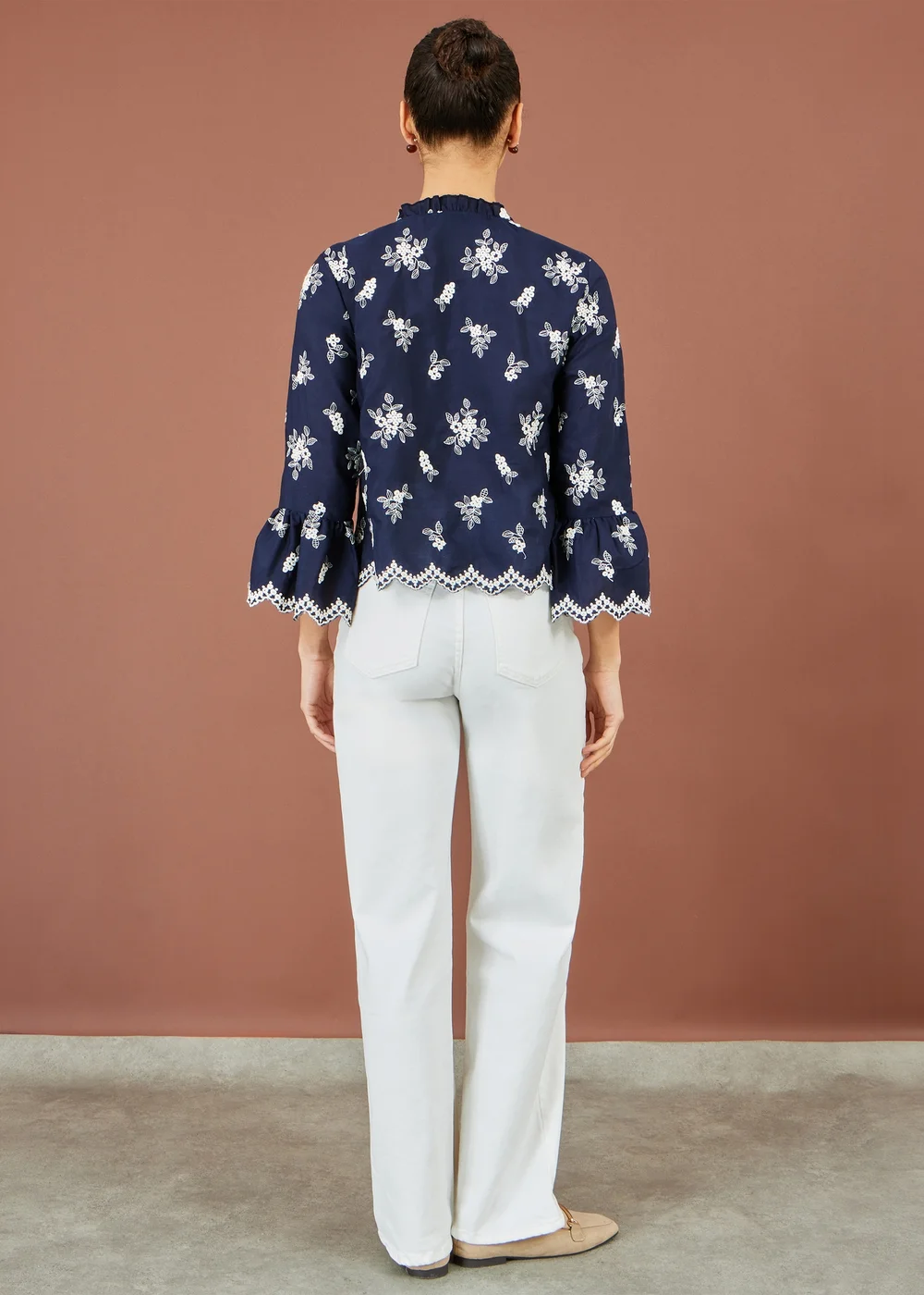 Yumi Navy Broderie Shirt With Fluted Sleeves - 8 Image 3