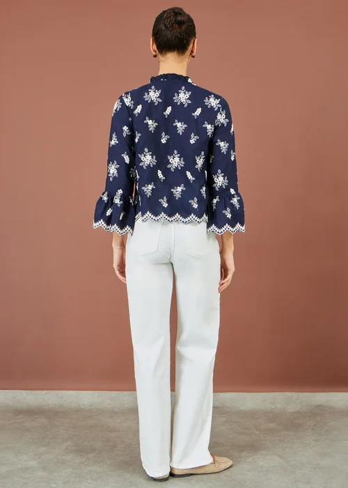 Yumi Navy Broderie Shirt With Fluted Sleeves - 8 Image 3