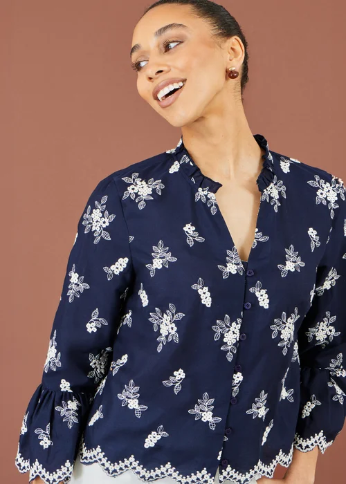 Yumi Navy Broderie Shirt With Fluted Sleeves - 8 Image 4