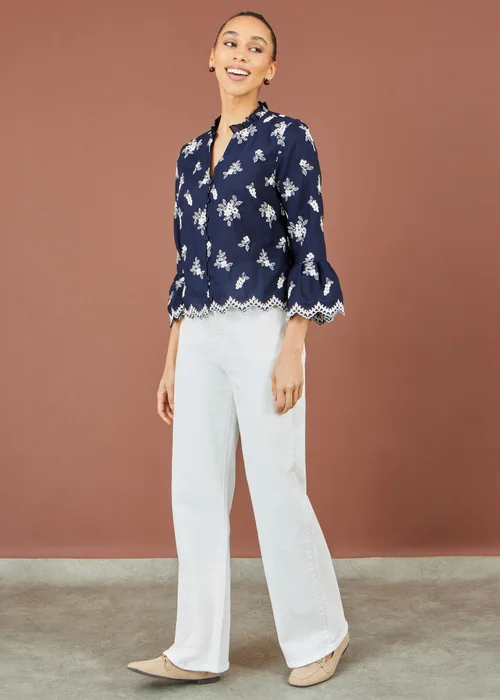 Yumi Navy Broderie Shirt With Fluted Sleeves - 8 Image 2