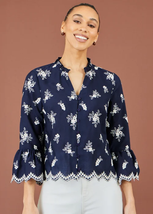 Yumi Navy Broderie Shirt With Fluted Sleeves - 8 Image 1